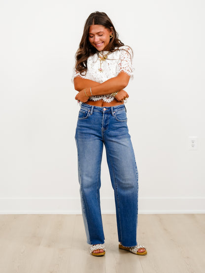 Risen High Rise Medium Wash Slouchy Barrel Jeans With Contrasting Wash - Freckled Poppy