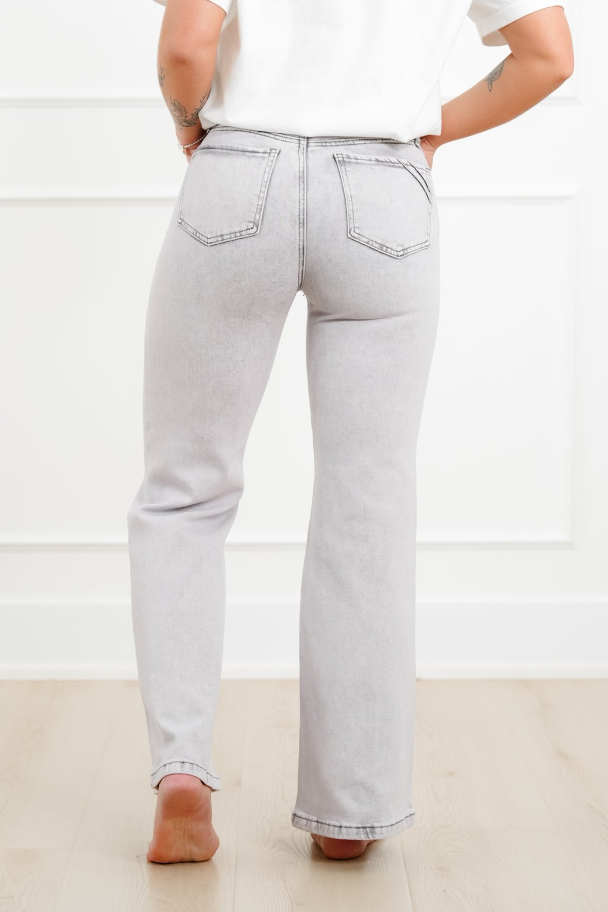 Saige High Rise Grey Acid Wash Tummy Control Wide Leg Jeans - Freckled Poppy