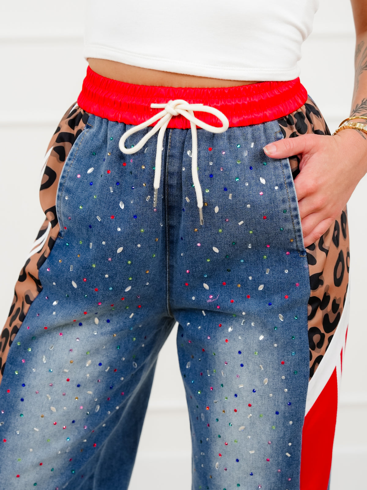 Plus/Reg Rhinestone Elastic Waist Denim Track Pants - Freckled Poppy