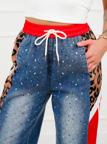 Plus/Reg Rhinestone Elastic Waist Denim Track Pants - Freckled Poppy