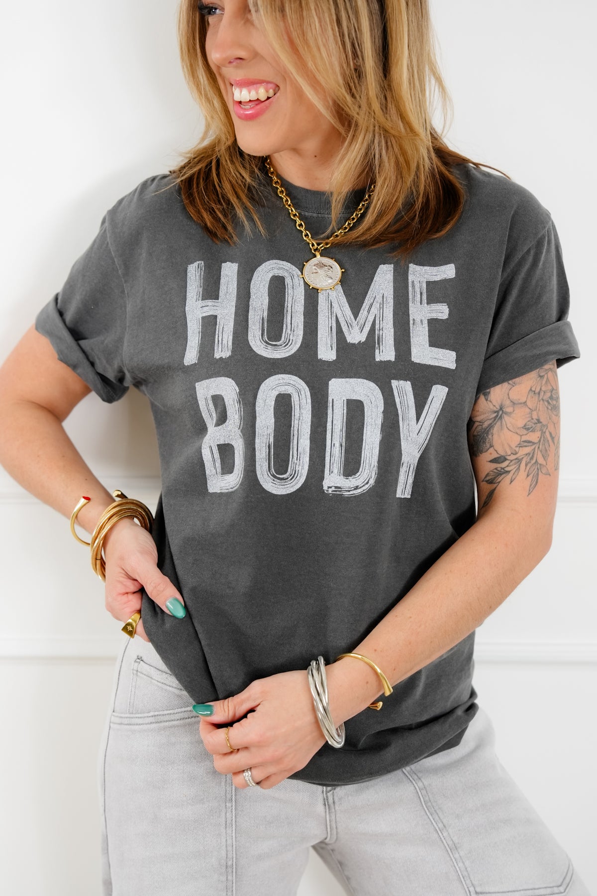 Plus/Reg Short Sleeve Washed Grey "Homebody" Graphic Tee - Freckled Poppy