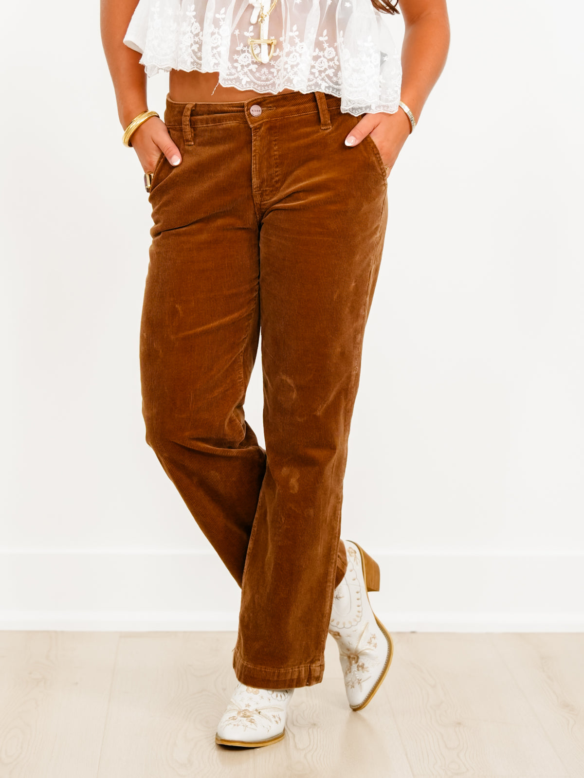 Risen Mid Rise Brown Tummy Control Straight Leg Corduroy Pants - Freckled Poppy