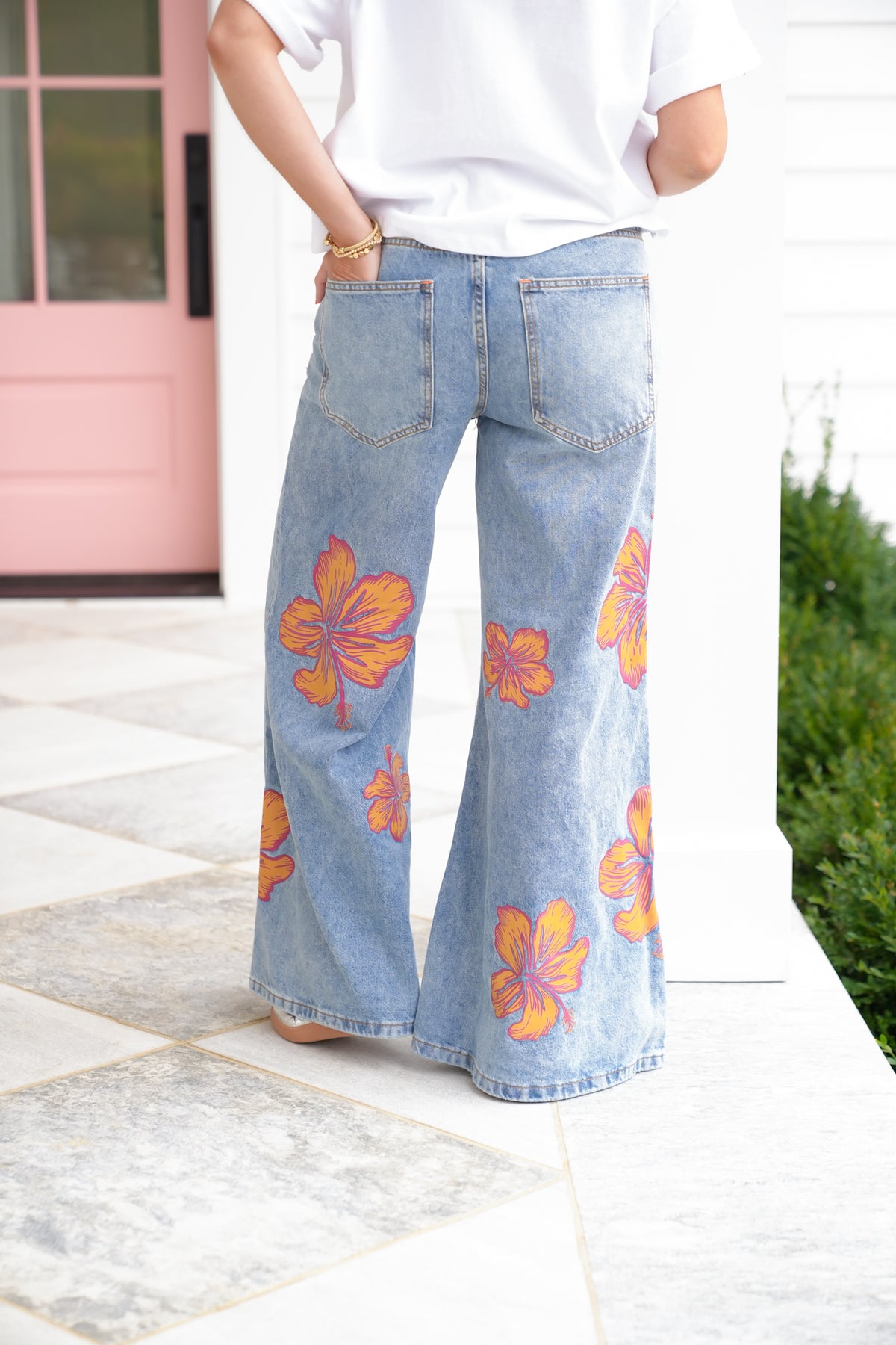 Multi-Inseam Hibiscus Print High Waist Wide Leg Denim Jeans - Freckled Poppy
