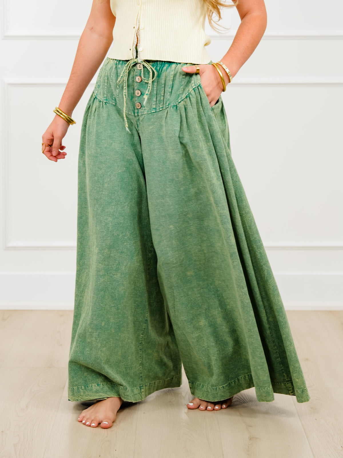 Mineral Wash Elastic Waist Wide Leg Pants - Freckled Poppy