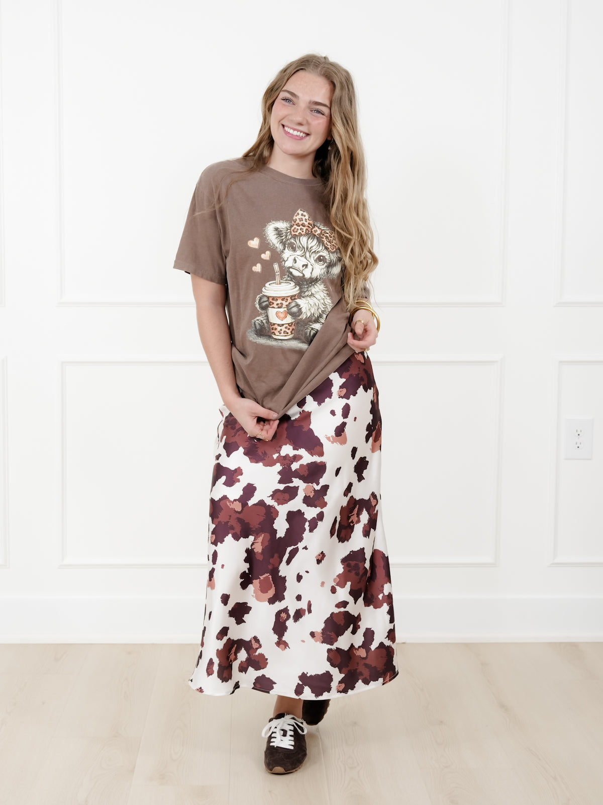 Plus/Reg Satin Cow Print Midi Skirt - Freckled Poppy