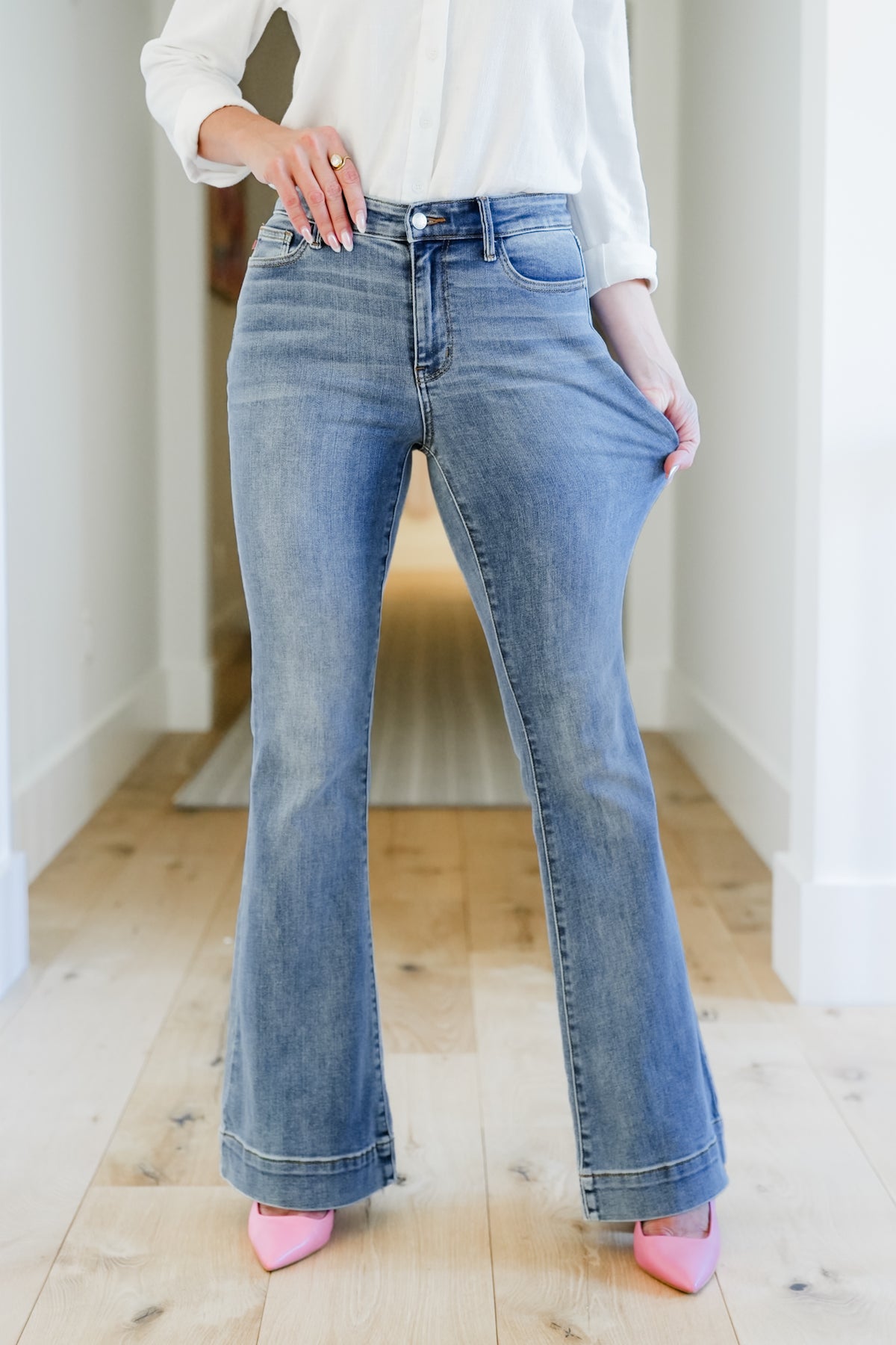 Judy Blue Multi-Inseam Mid-Rise Medium Wash Trouser Flare Jeans - Freckled Poppy