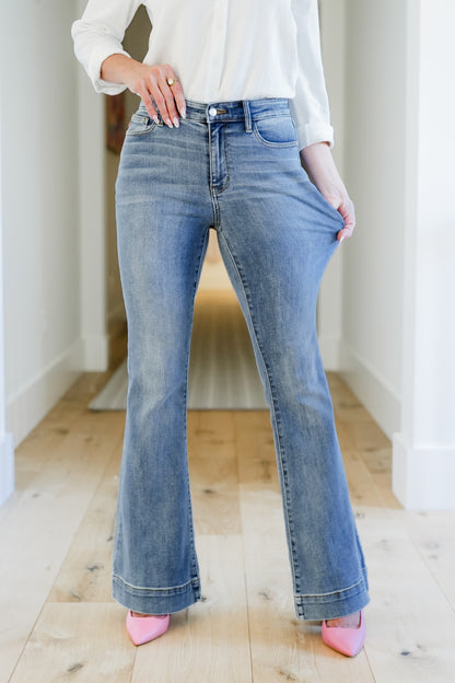 Judy Blue Multi-Inseam Mid-Rise Medium Wash Trouser Flare Jeans - Freckled Poppy
