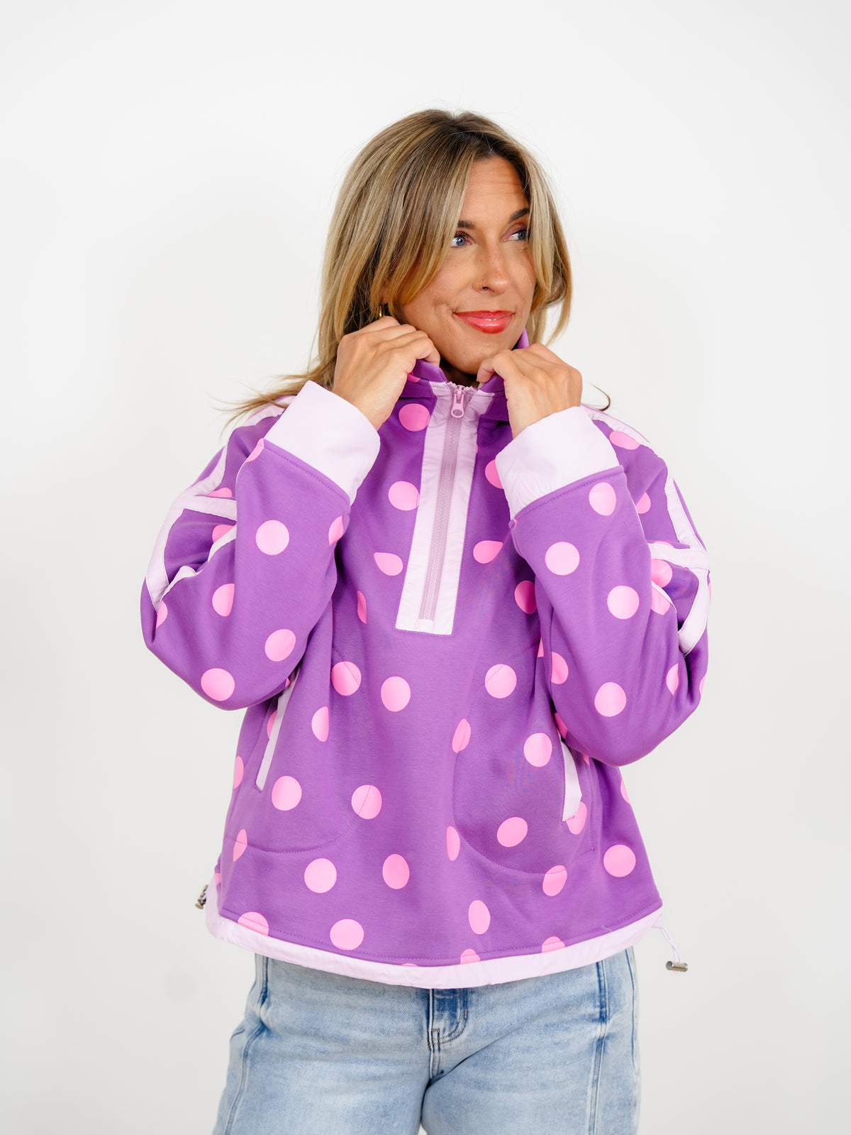 Polka Dot Long Sleeve Half Zip Jacket with Contrast Trim - Freckled Poppy