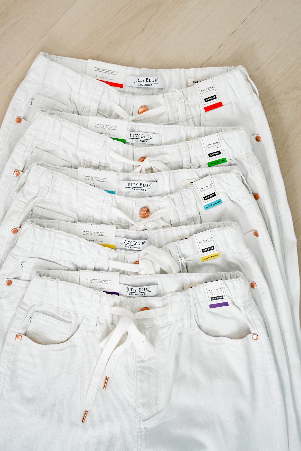 Judy Blue The Sunday Stroll High Rise Multiple Inseam White Featherweight Palazzo Jeans with Elastic Waistband - Freckled Poppy