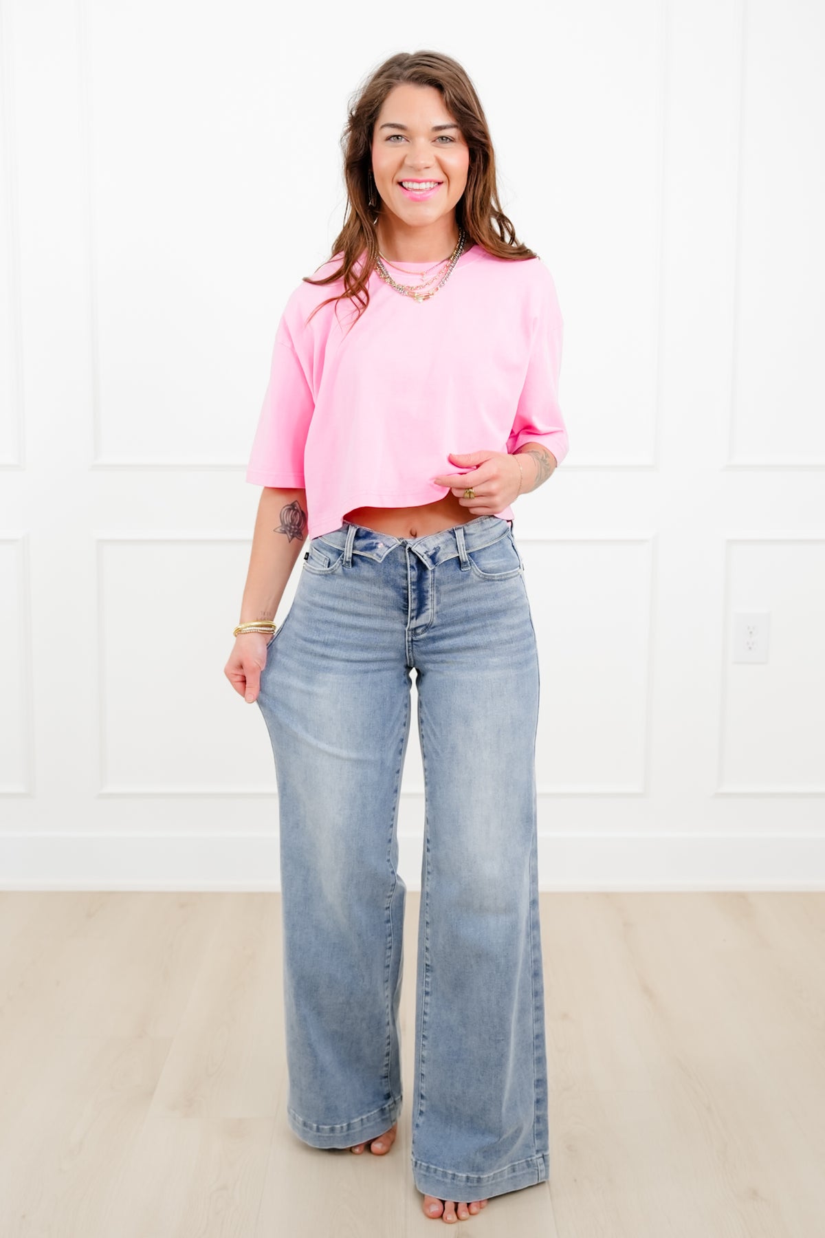 Judy Blue Mid Rise Light Wash Retro Wide Leg Jeans with Fold Over Waistband - Freckled Poppy