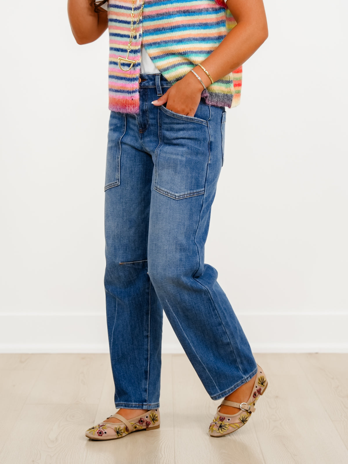 Risen High Rise Dark Wash Patch Pocket Barrel Jeans With 4 Way Stretch - Freckled Poppy