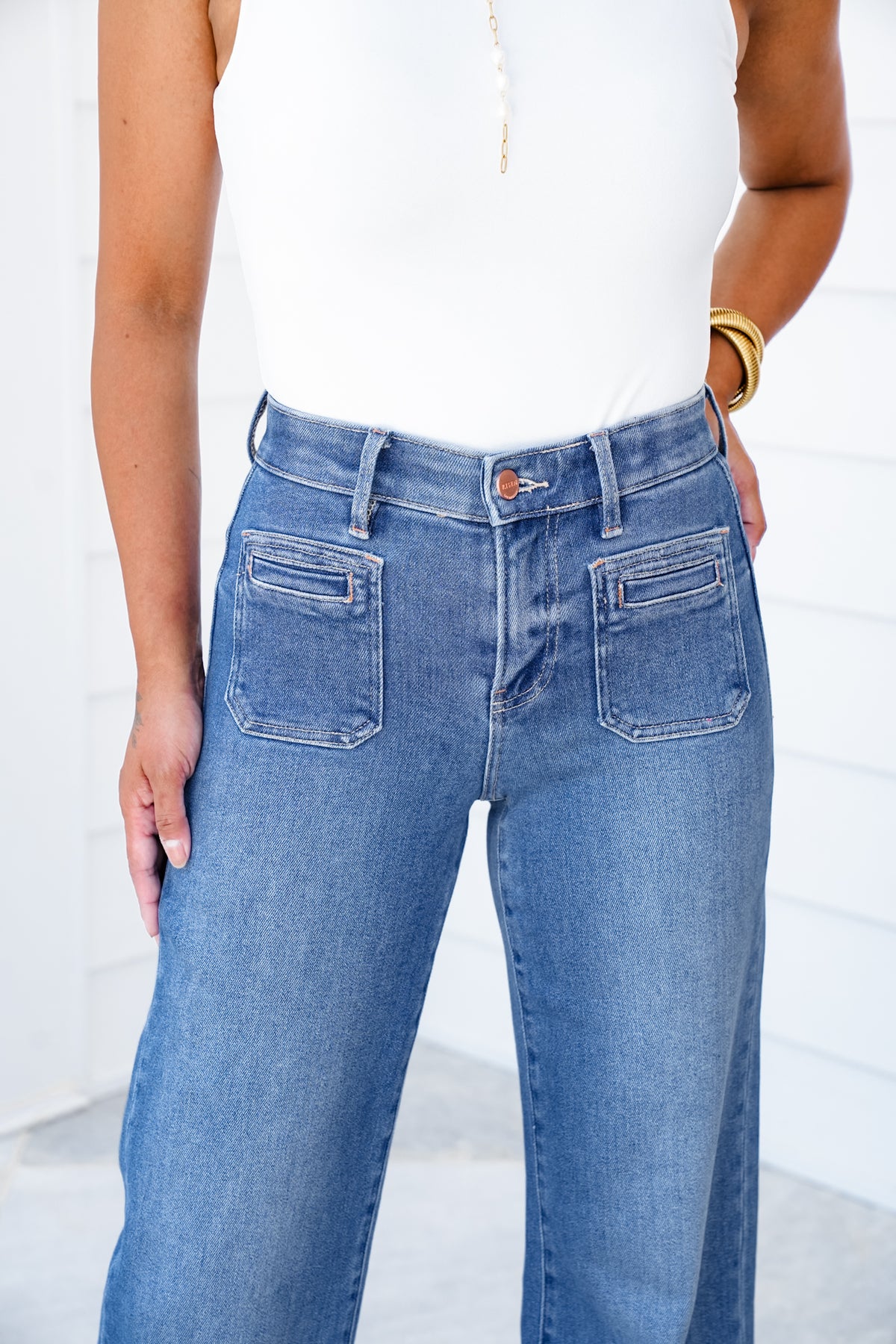 Risen High Rise Medium Wash Wide Leg Cuffed Front Patch Pocket Jeans with Elastic Waistband - Freckled Poppy