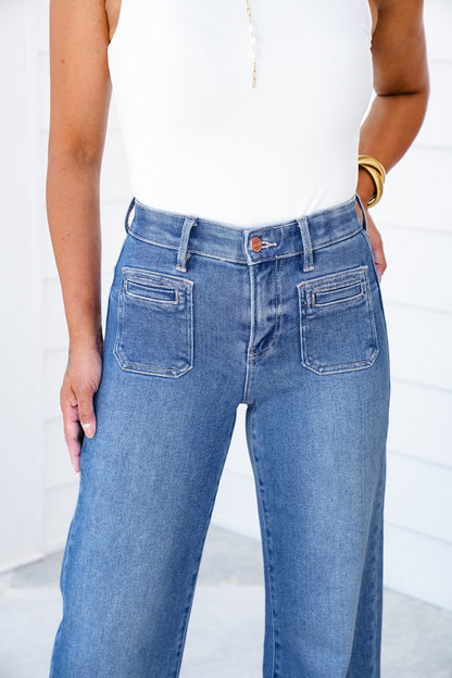 Risen High Rise Medium Wash Wide Leg Cuffed Front Patch Pocket Jeans with Elastic Waistband - Freckled Poppy