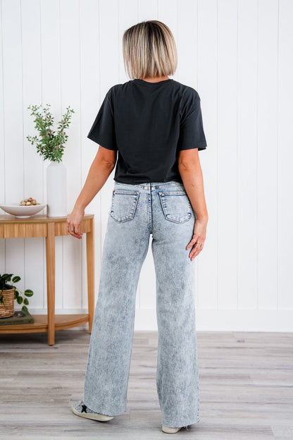 Judy Blue Bad Blood High Rise Light Mineral Wash Raw Hem Wide Leg Jeans - Freckled Poppy