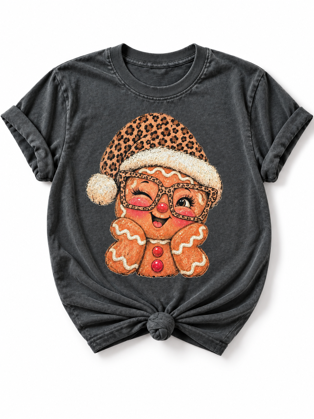 Plus/Reg Short Sleeve Leopard Gingerbread Christmas Graphic Tee