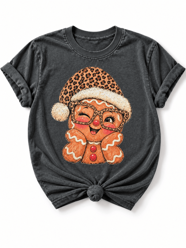 Plus/Reg Short Sleeve Leopard Gingerbread Christmas Graphic Tee - Freckled Poppy