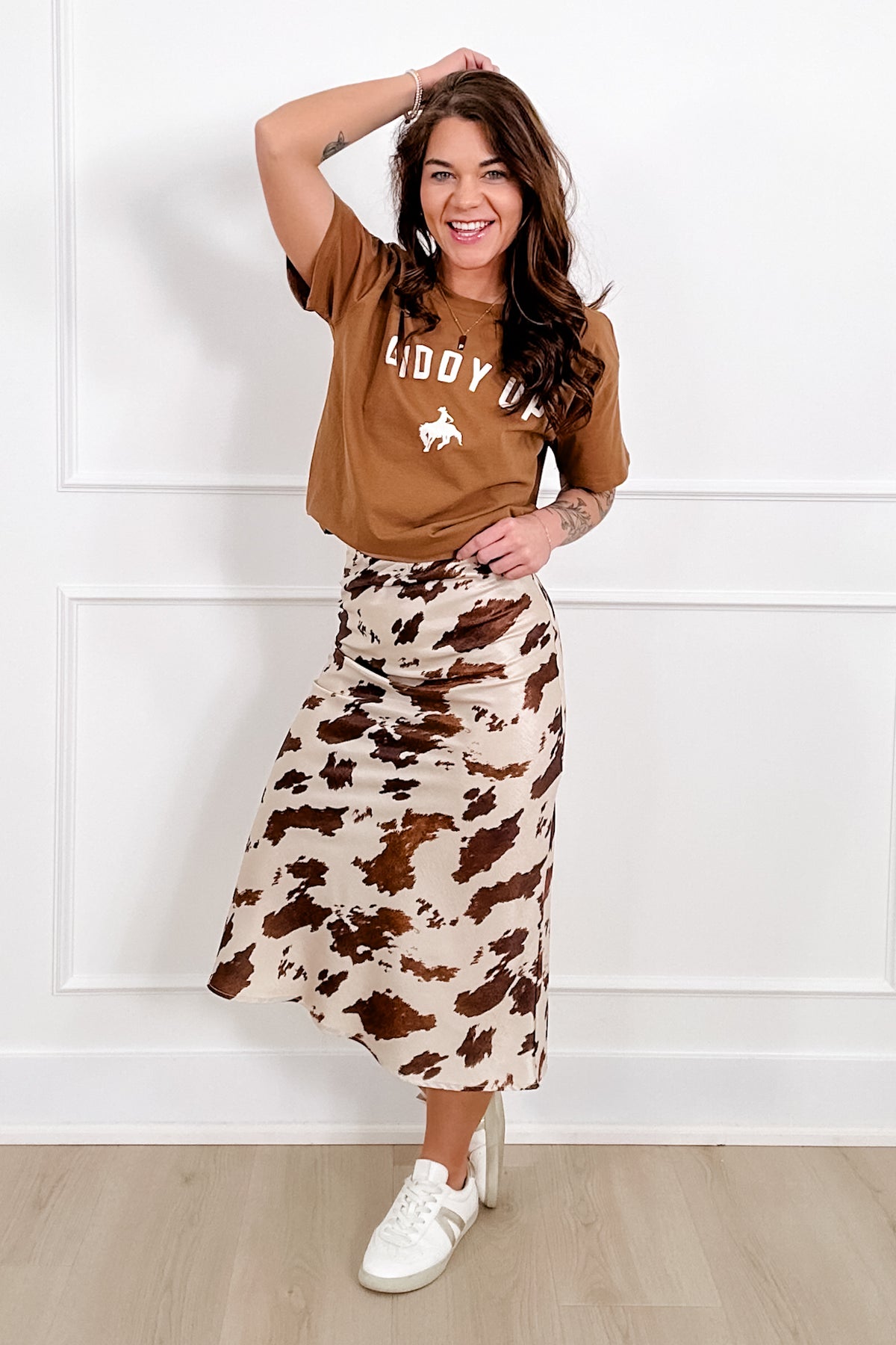 Satin Cow Print Elastic Waist Midi Skirt - Freckled Poppy