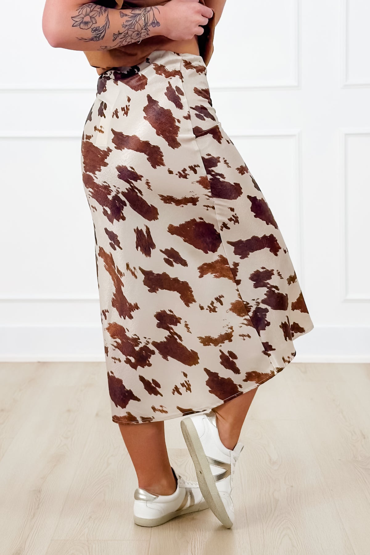 Satin Cow Print Elastic Waist Midi Skirt - Freckled Poppy