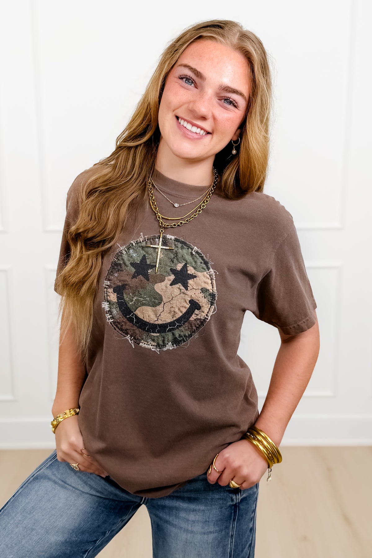 Plus/Reg Short Sleeve Camo Smiley Face Graphic Tee - Freckled Poppy
