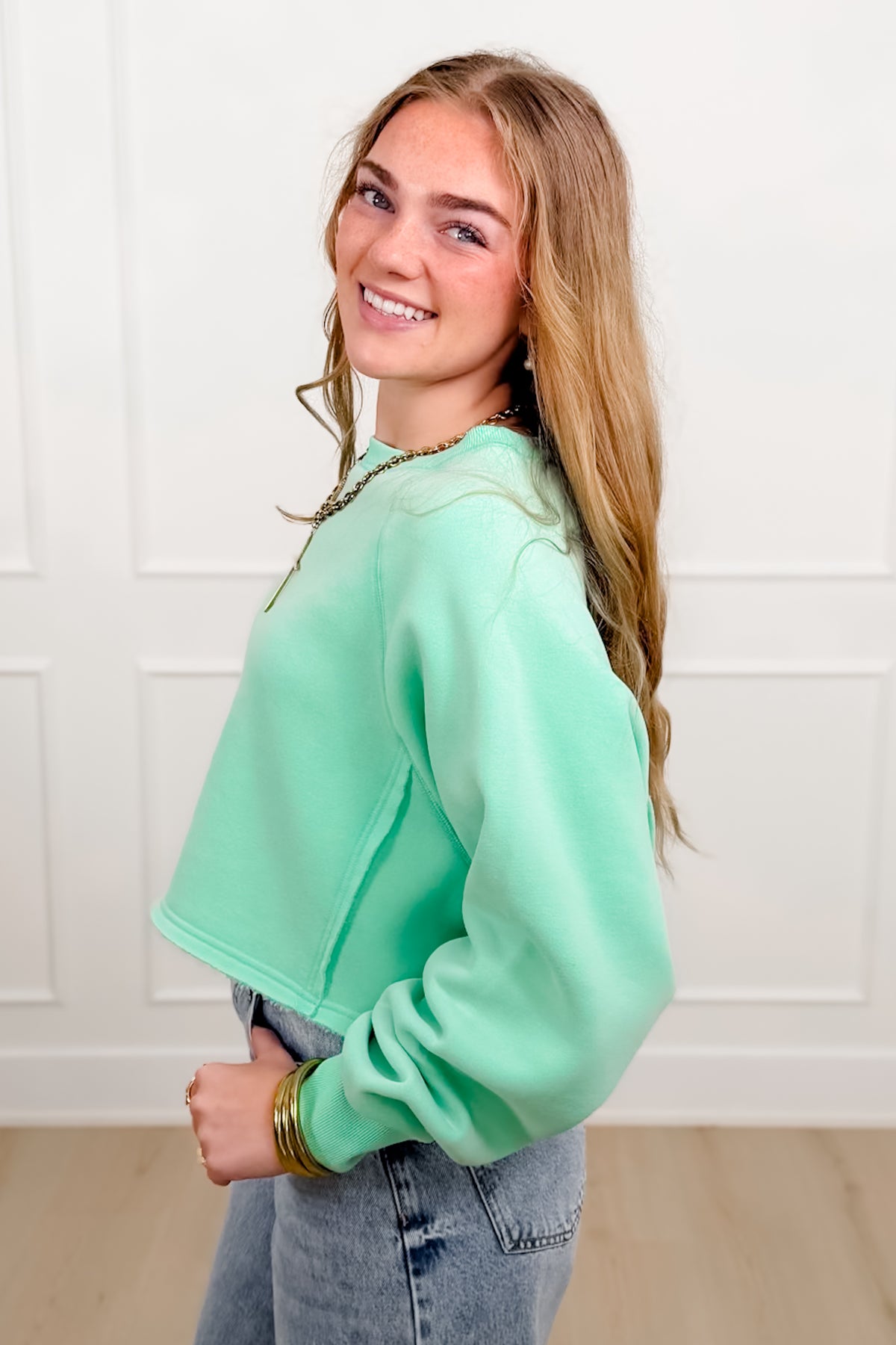 Solid Color Long Sleeve Crop Sweatshirt - Freckled Poppy