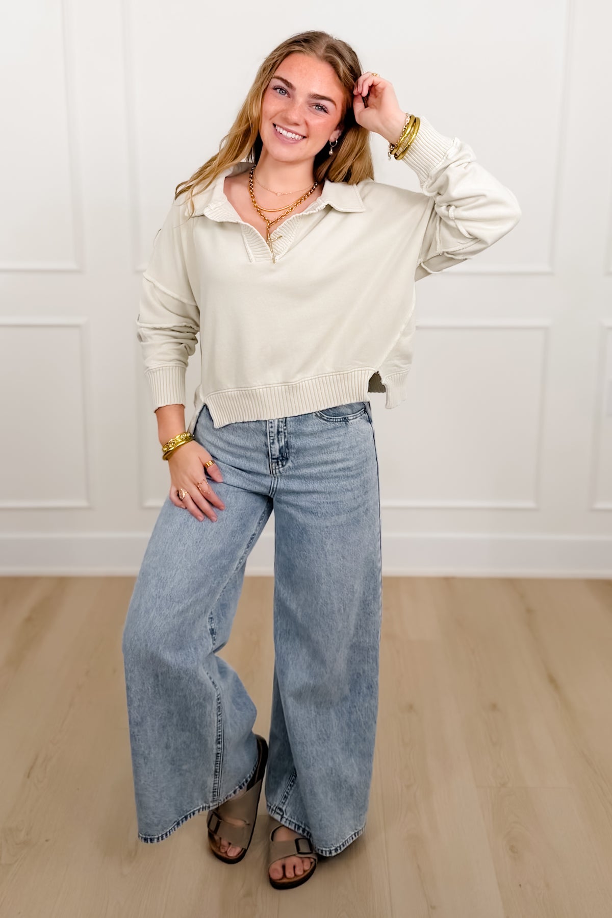 Mineral Wash Long Sleeve V Neck Sweatshirt - Freckled Poppy