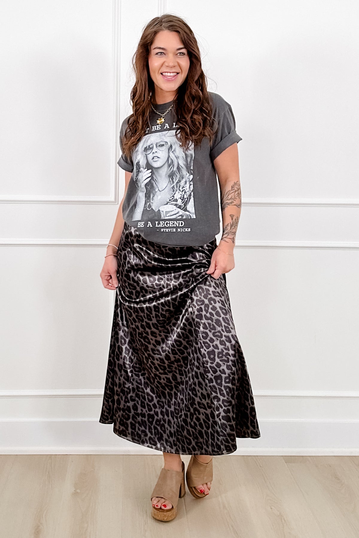 Leopard Print Satin Elastic Waist Midi Skirt - Freckled Poppy