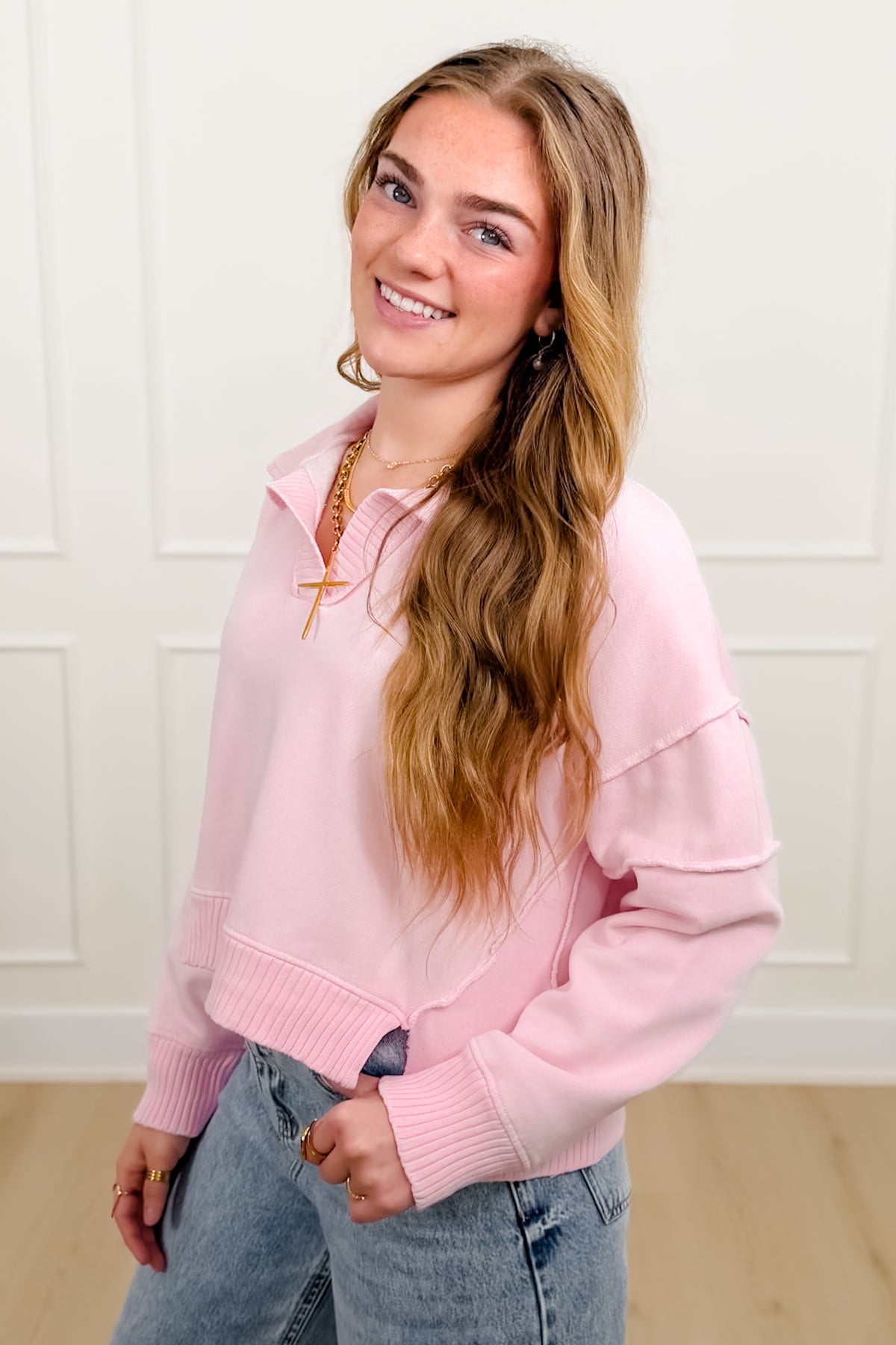 Mineral Wash Long Sleeve V Neck Sweatshirt - Freckled Poppy