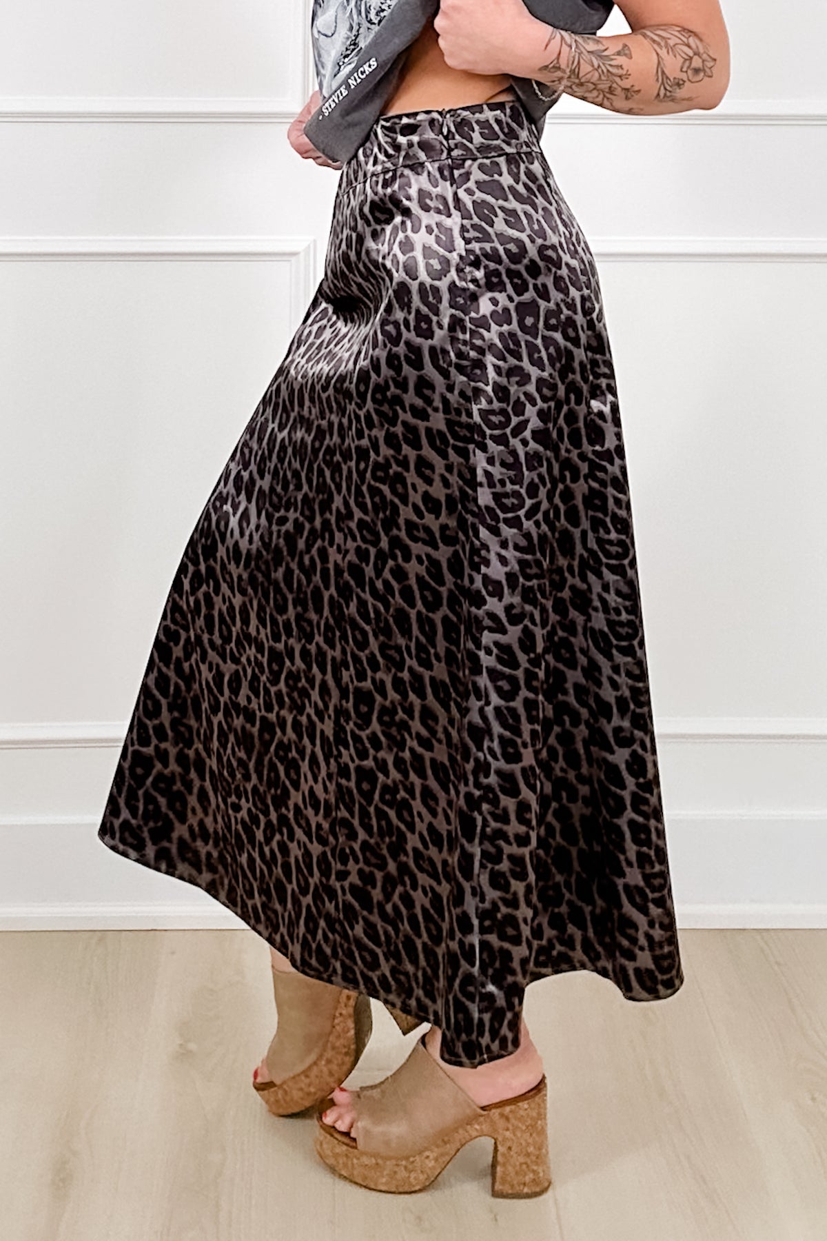 Leopard Print Satin Elastic Waist Midi Skirt - Freckled Poppy