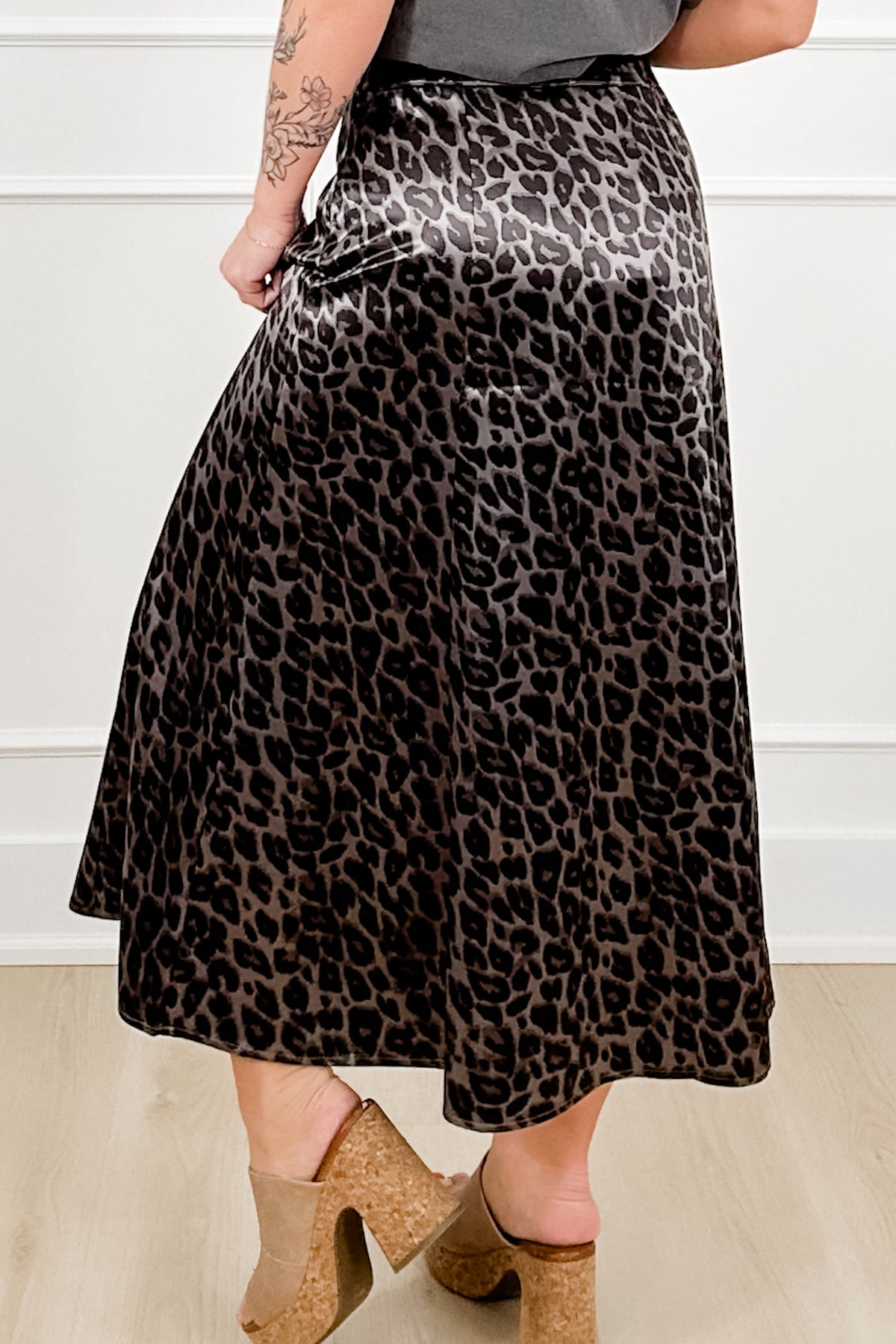 Leopard Print Satin Elastic Waist Midi Skirt - Freckled Poppy