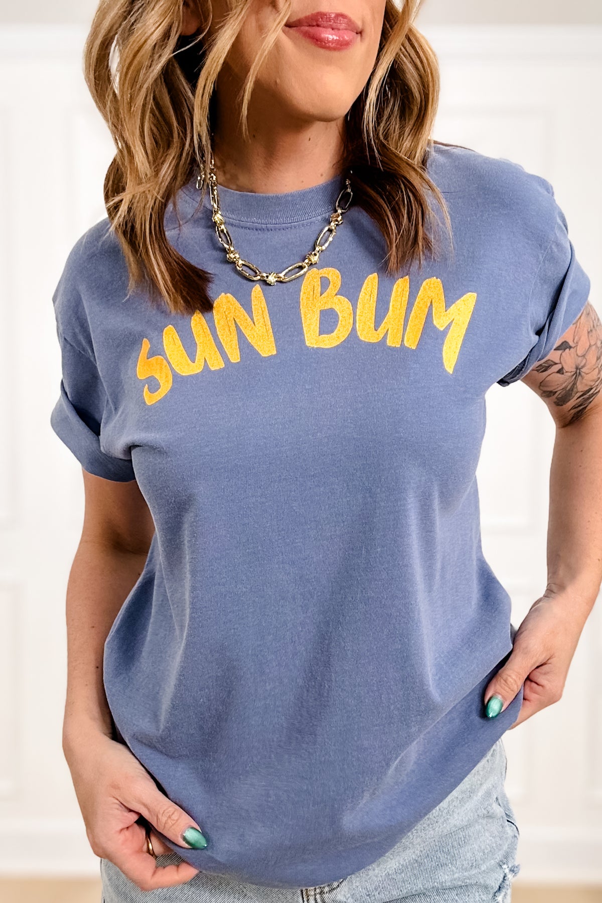 Plus/Reg Short Sleeve Denim Blue "Sun Bum" Graphic Tee - Freckled Poppy