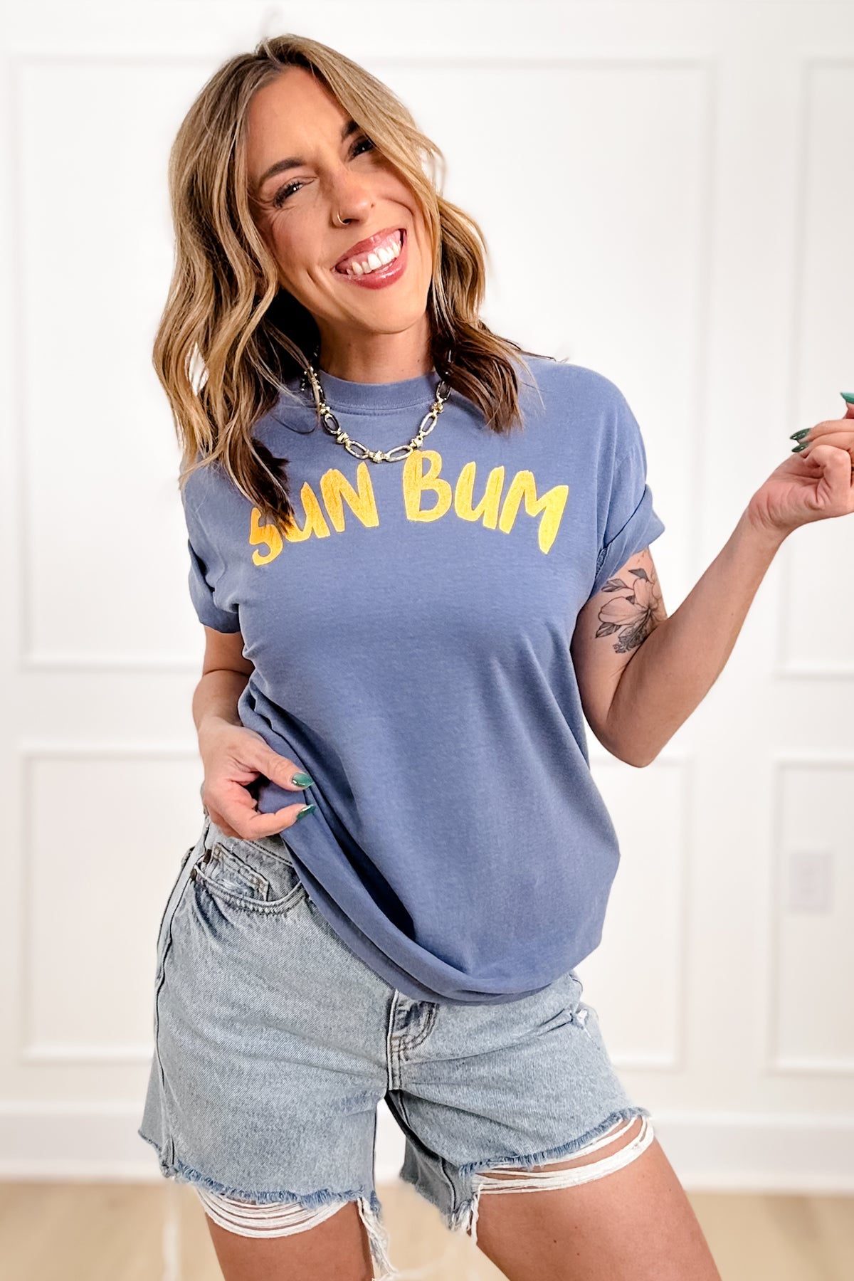 Plus/Reg Short Sleeve Denim Blue "Sun Bum" Graphic Tee - Freckled Poppy