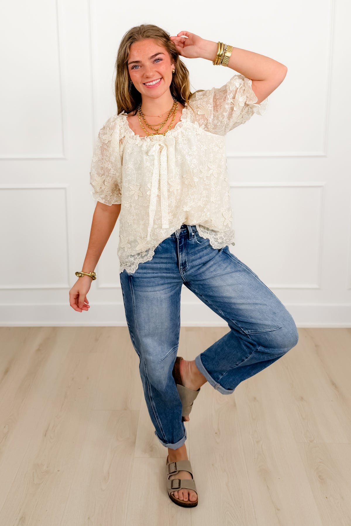 Ivory Floral Textured 3/4 Sleeve Blouse - Freckled Poppy
