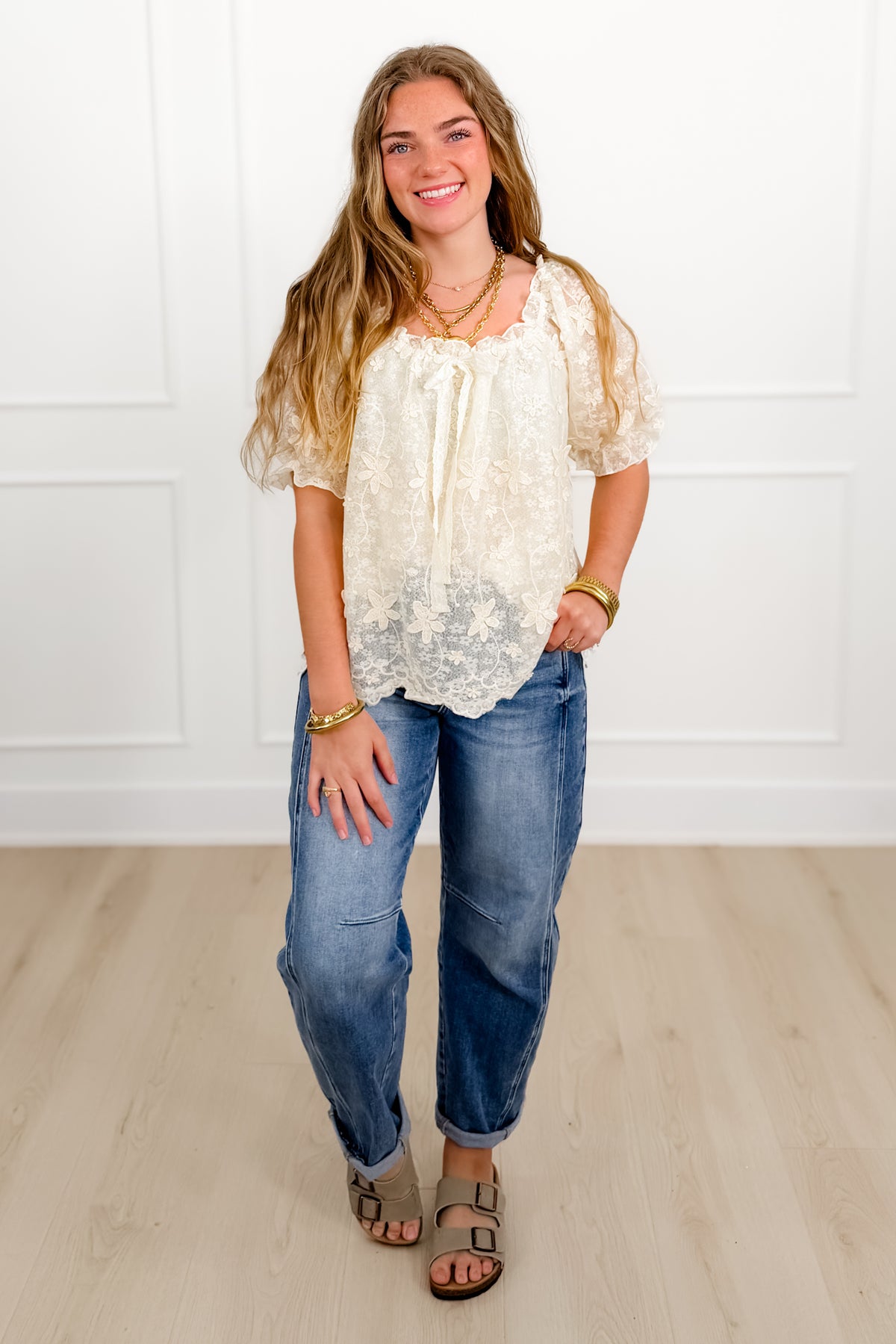 Ivory Floral Textured 3/4 Sleeve Blouse - Freckled Poppy