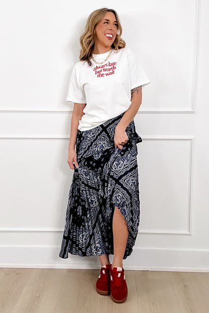 Elastic Waist Bandana Print Pleated Long Skirt - Freckled Poppy