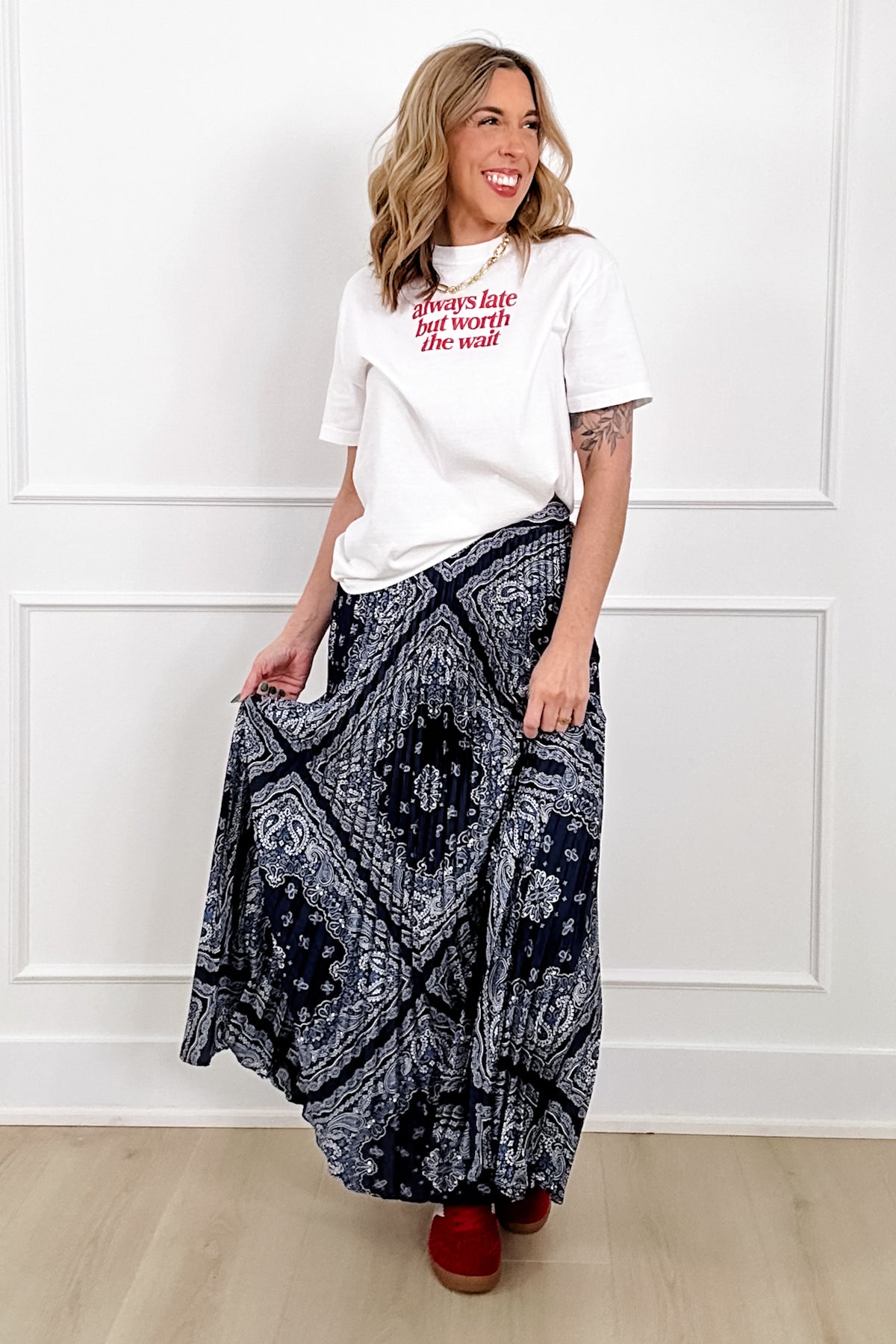 Elastic Waist Bandana Print Pleated Long Skirt - Freckled Poppy