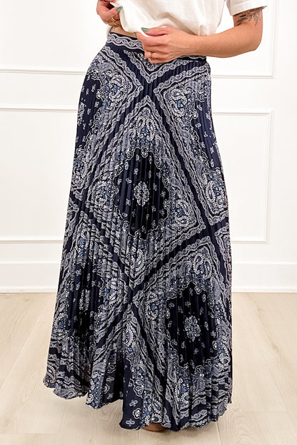 Elastic Waist Bandana Print Pleated Long Skirt - Freckled Poppy