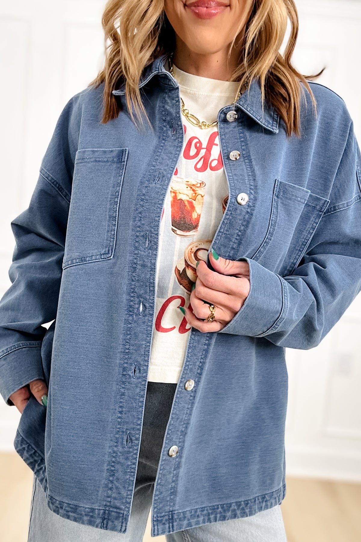 Medium Wash Long Sleeve Button Down Shacket - Freckled Poppy