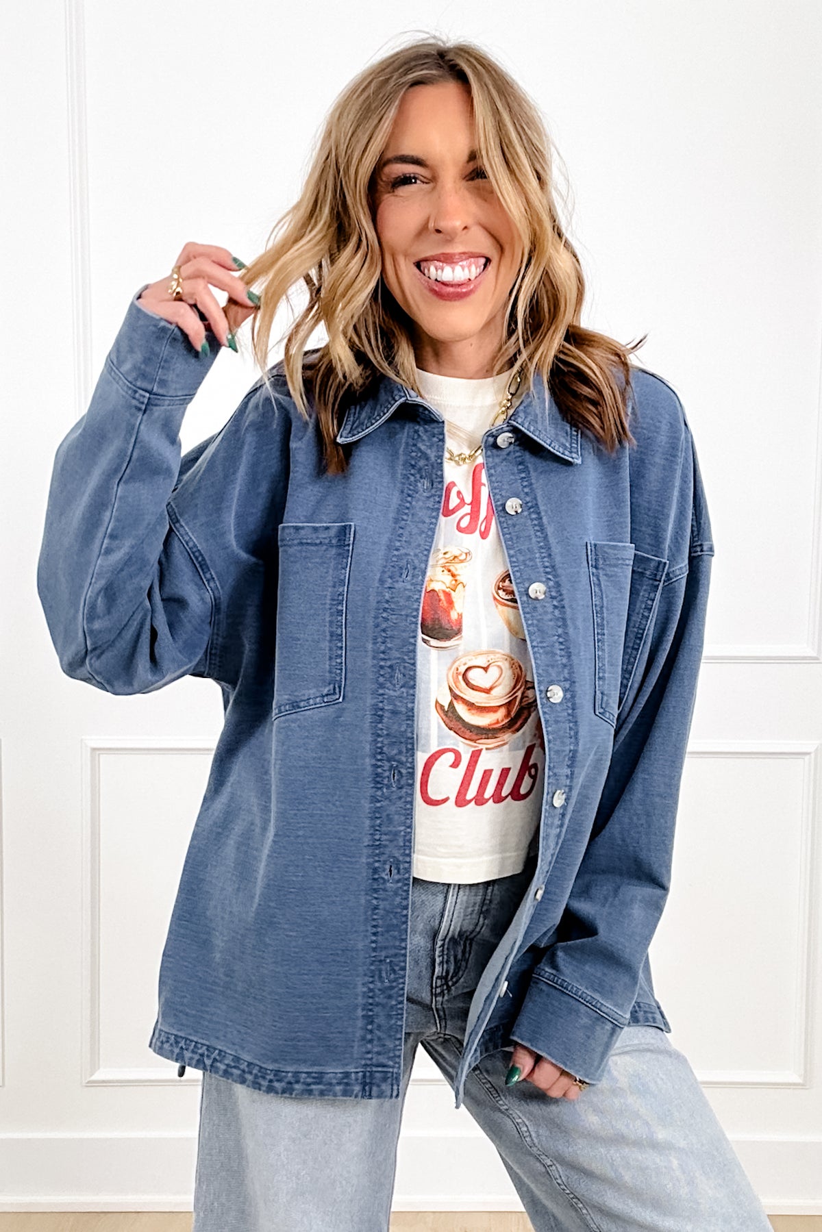 Medium Wash Long Sleeve Button Down Shacket - Freckled Poppy