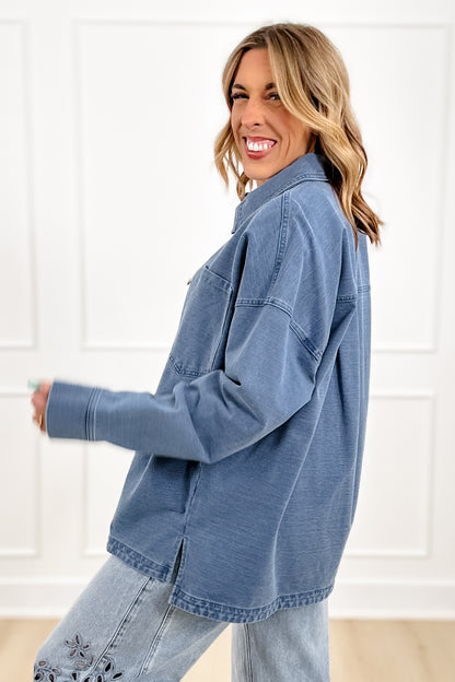 Medium Wash Long Sleeve Button Down Shacket - Freckled Poppy