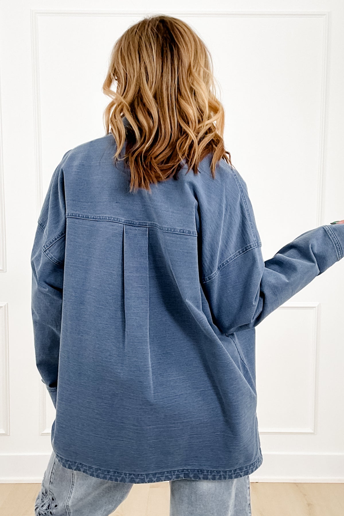 Medium Wash Long Sleeve Button Down Shacket - Freckled Poppy