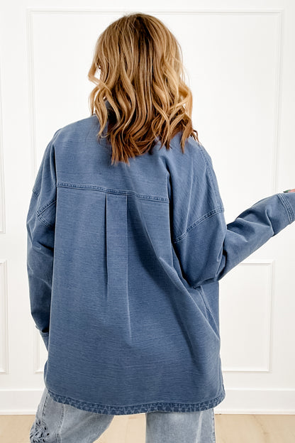 Medium Wash Long Sleeve Button Down Shacket - Freckled Poppy