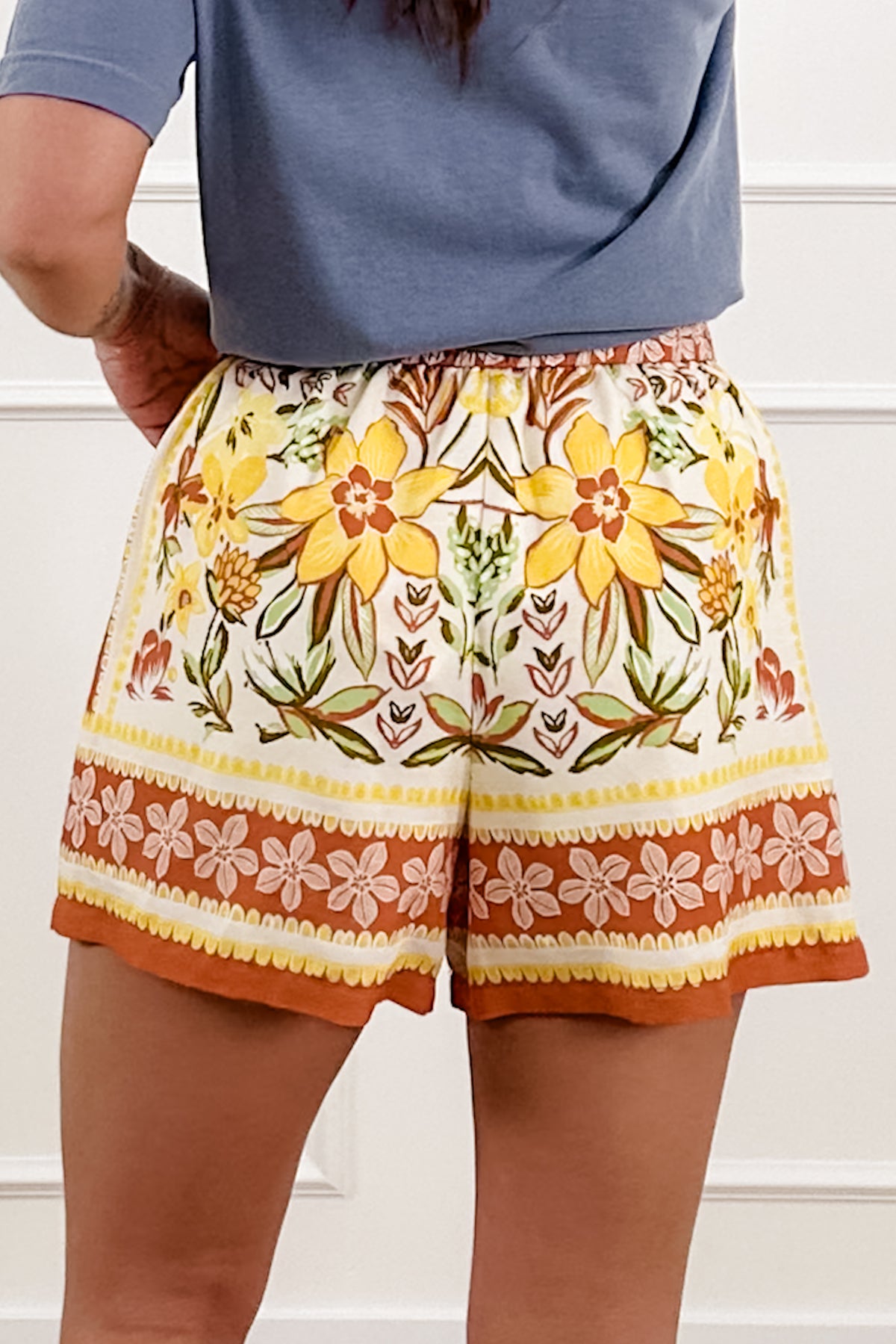 Floral Border Print Elastic Waist Shorts - Freckled Poppy