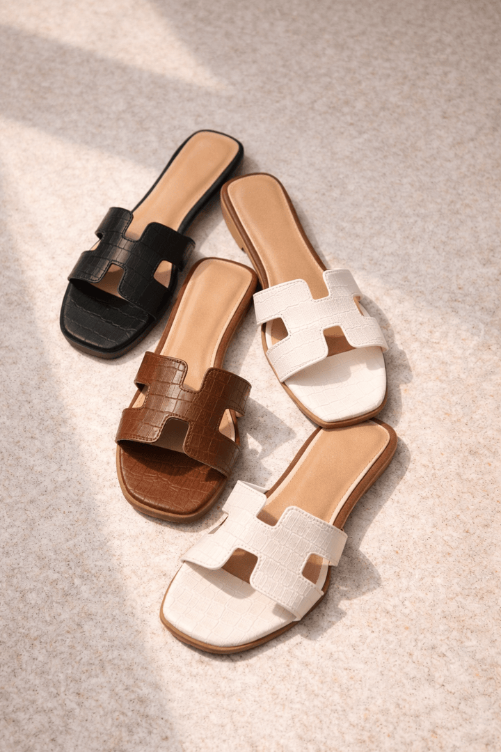 Embossed Crocodile Pattern Flat Slide - Freckled Poppy