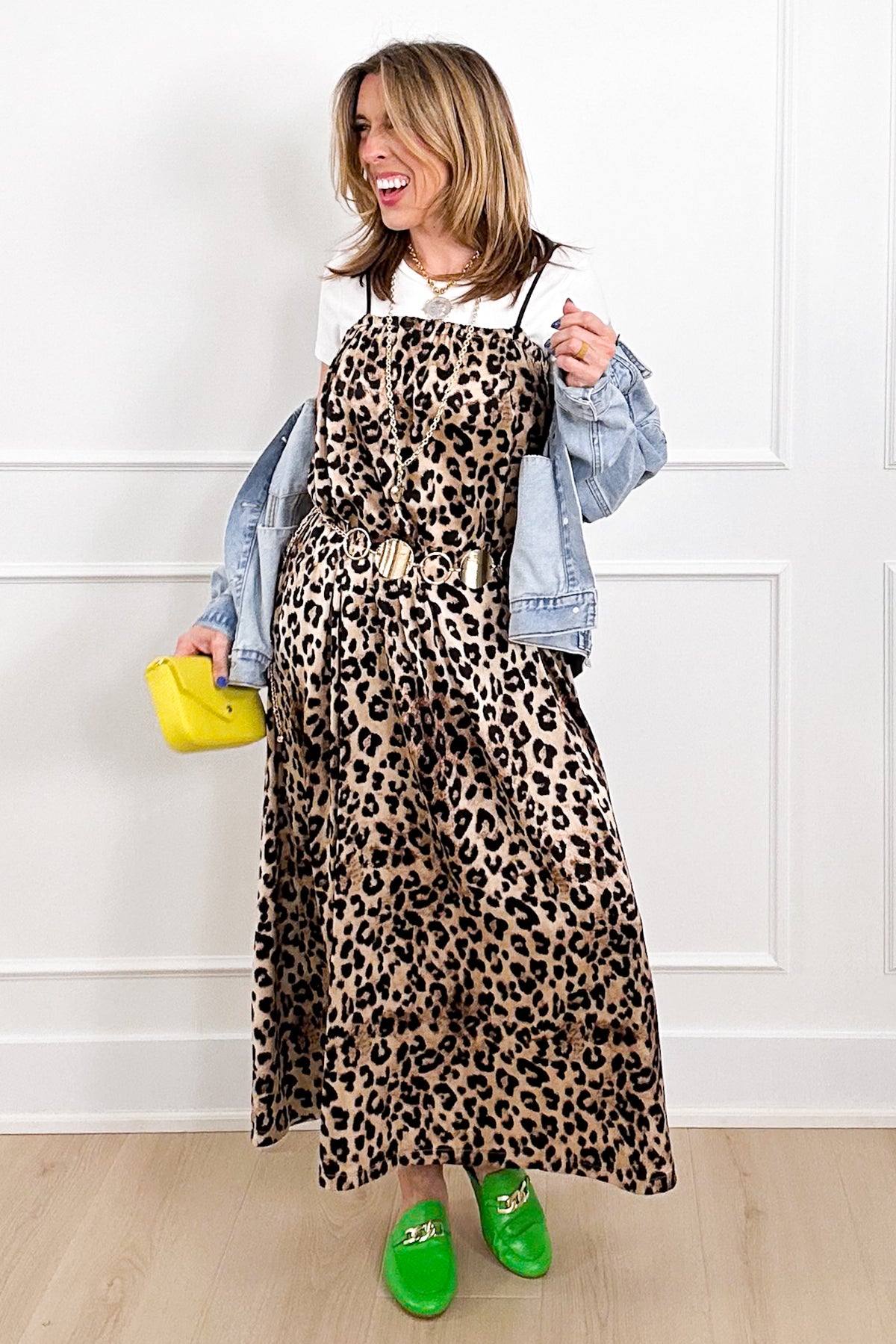 Leopard Satin Sleeveless Maxi Dress with Side Pockets - Freckled Poppy