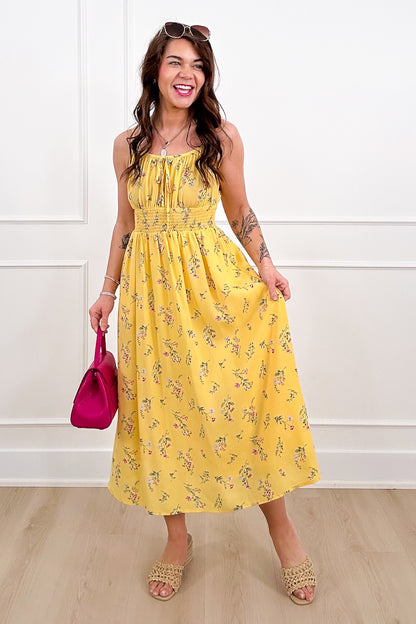 Floral Print Smock Waist Midi Dress with Front Tie - Freckled Poppy