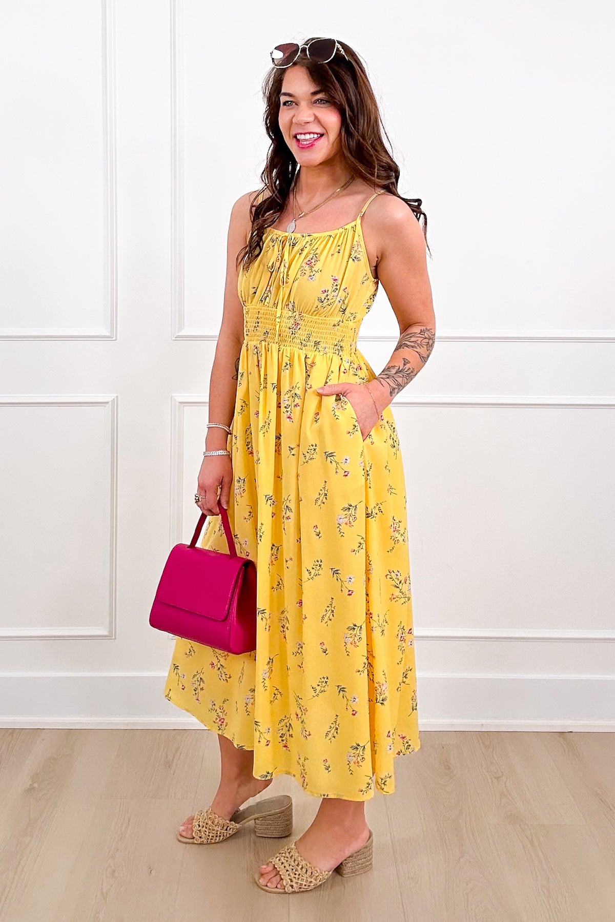 Floral Print Smock Waist Midi Dress with Front Tie - Freckled Poppy
