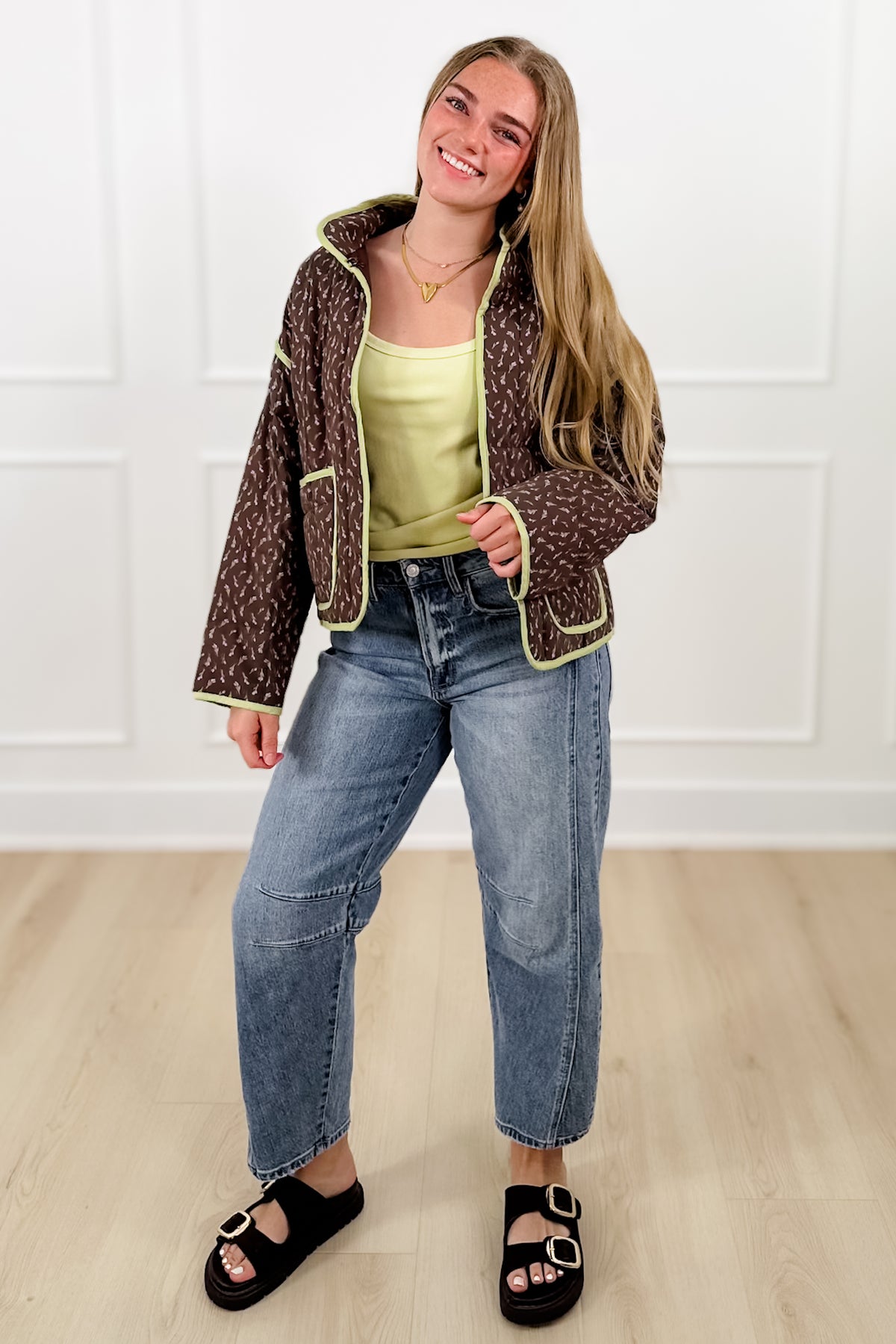 Floral Print Quilted Long Sleeve Jacket with Piping Trim - Freckled Poppy
