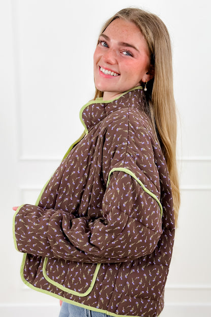 Floral Print Quilted Long Sleeve Jacket with Piping Trim - Freckled Poppy