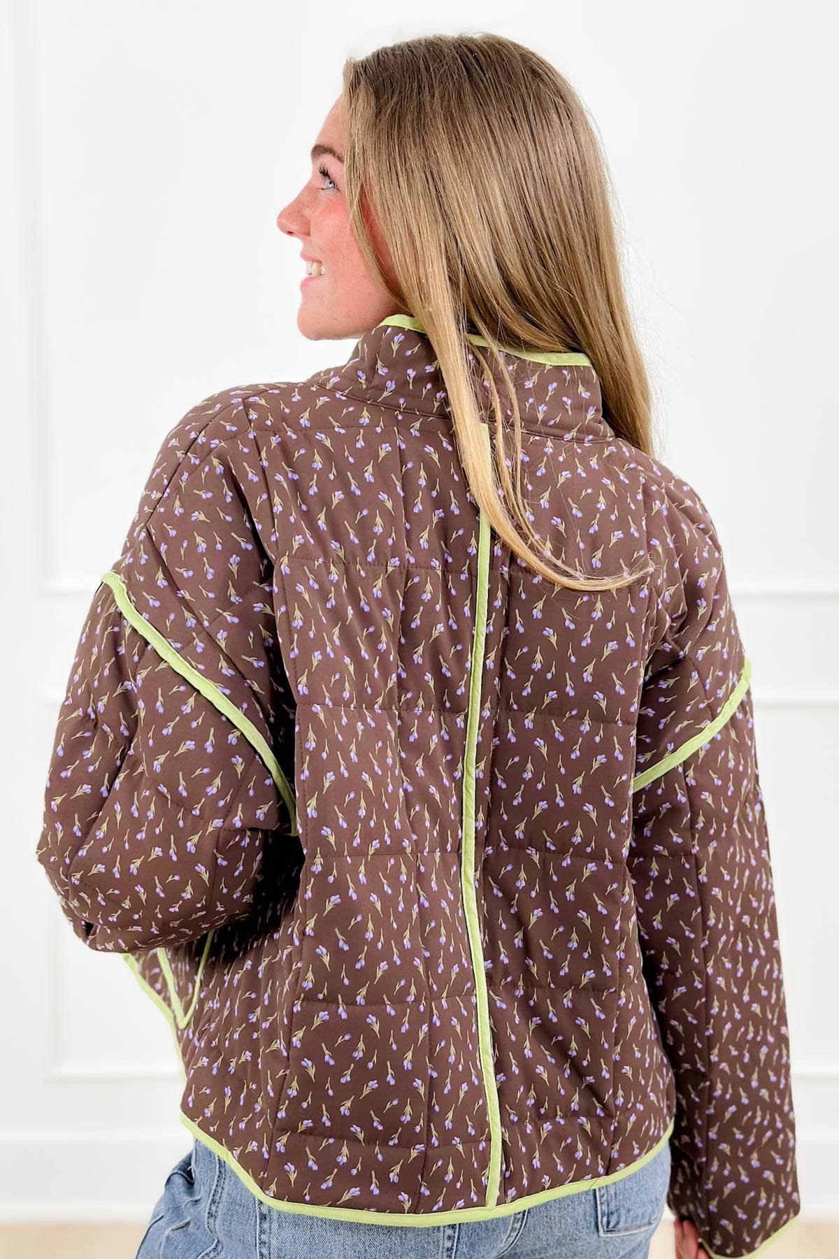 Floral Print Quilted Long Sleeve Jacket with Piping Trim - Freckled Poppy