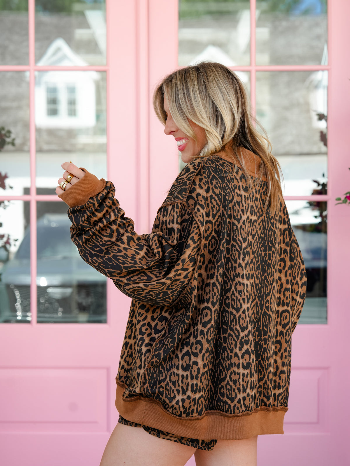 Cheetah Print Long Sleeve Sweatshirt and Elastic Waist Shorts Set - Freckled Poppy